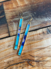 Load image into Gallery viewer, Alcohol Ink Earrings | 3&quot; Antiqued Gold Rectangle | Turquoise, Purple, Gold | Handmade
