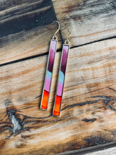 Load image into Gallery viewer, Alcohol Ink Earrings | 3&quot; Antiqued Gold Rectangle | Purples, Orange, Sky Blue, Pink | Handmade

