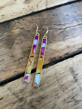 Load image into Gallery viewer, Alcohol Ink Earrings | 3&quot; Antiqued Gold Rectangle | Violet, Yellow, Sky Blue| Handmade
