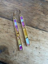 Load image into Gallery viewer, Alcohol Ink Earrings | 3&quot; Antiqued Gold Rectangle | Violet, Yellow, Sky Blue| Handmade
