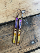 Load image into Gallery viewer, Alcohol Ink Earrings | 3&quot; Antiqued Gold Rectangle | Purple, Yellow - Cosmic Sky | Handmade
