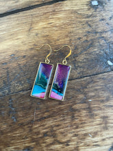 Load image into Gallery viewer, Alcohol Ink Earrings | 2” Antiqued Gold Rectangle | Purple, Pink, Blue | Handmade
