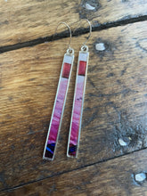 Load image into Gallery viewer, Alcohol Ink Earrings | 3" Silver Rectangle | Pink, Red, hint of blue & purple| Handmade