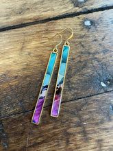 Load image into Gallery viewer, Alcohol Ink Earrings | 3" Antiqued Gold Rectangle | Blue, Purple | Handmade