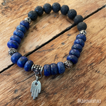Load image into Gallery viewer, Diffuser Bracelet | Black Lava, Blue Lapis, Hamsa Charm | Handmade 7" Slip-on