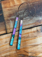 Load image into Gallery viewer, Alcohol Ink Earrings | 3.75” Antiqued Copper Rectangle | Sky Blue, Purple, Green, Gold | Handmade
