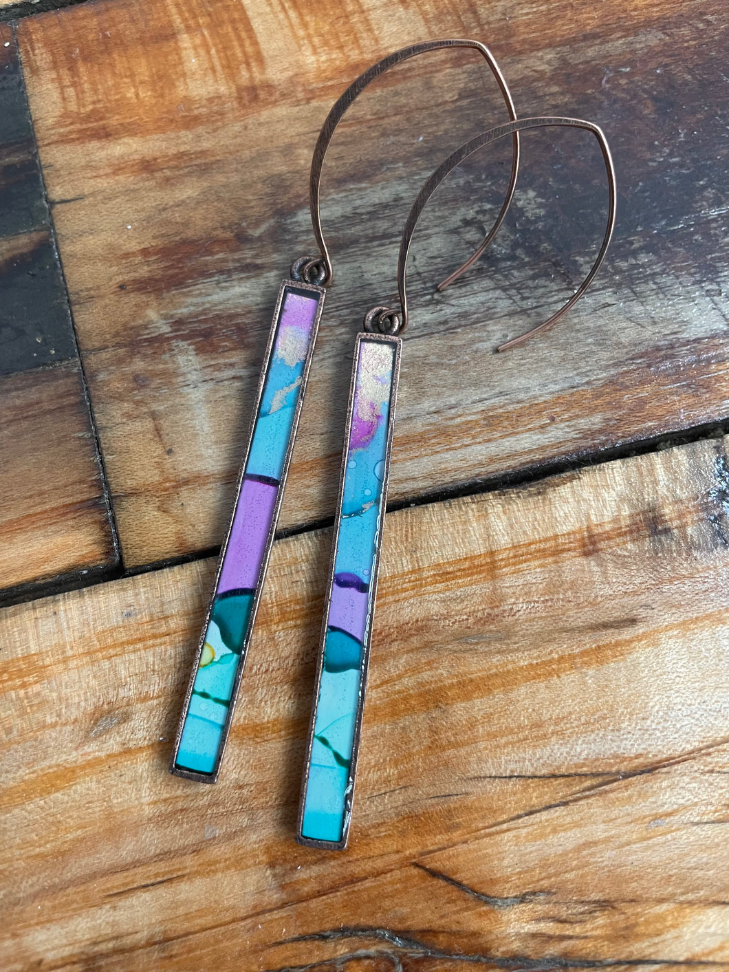 Alcohol Ink Earrings | 3.75” Antiqued Copper Rectangle | Sky Blue, Purple, Green, Gold | Handmade