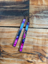 Load image into Gallery viewer, Alcohol Ink Earrings | 3&quot; Antiqued Gold Rectangle | Pink, Purple, Blue, Gold - Stunning! | Handmade
