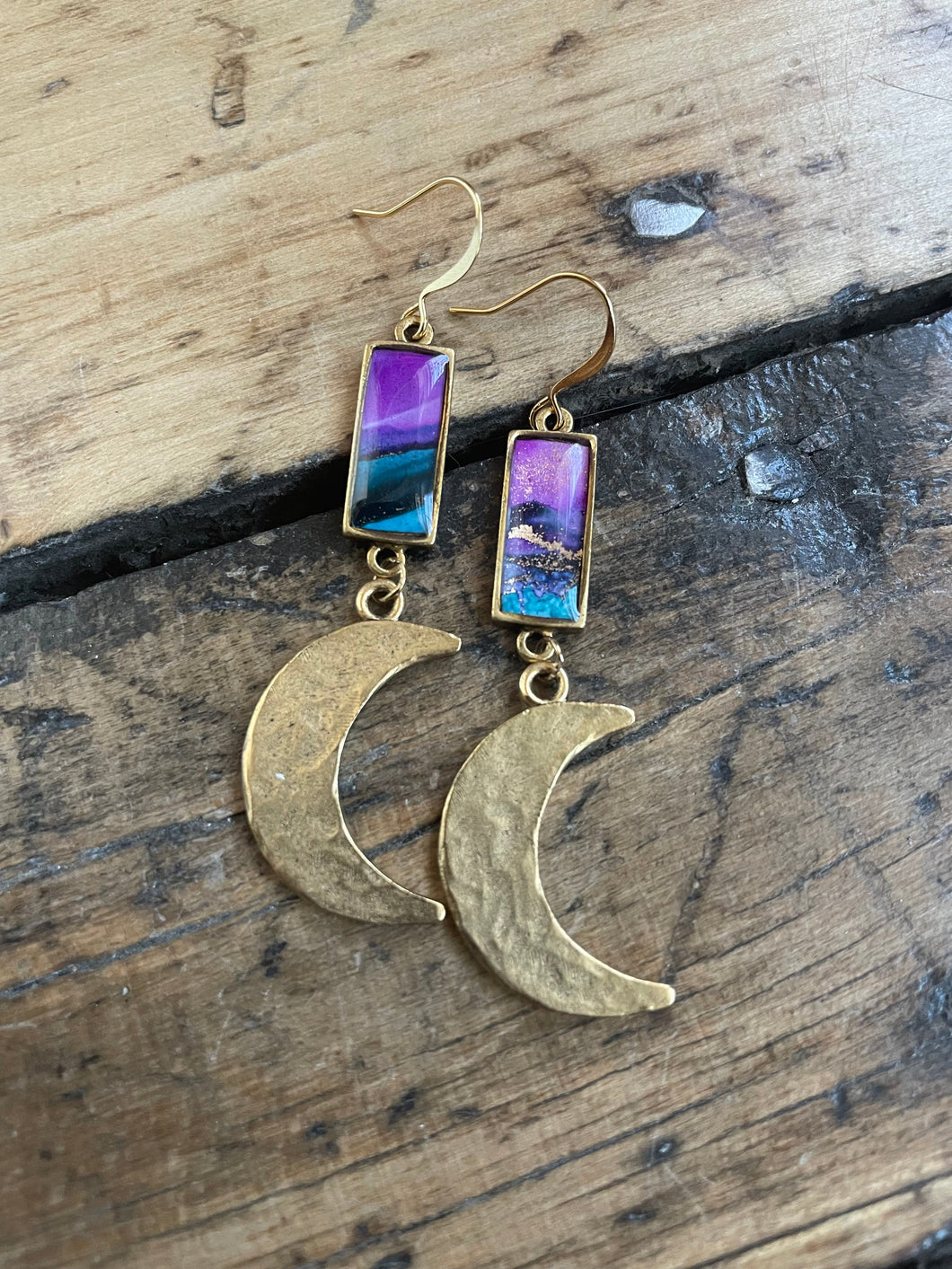 Alcohol Ink Earrings | 2.25” Antiqued Gold Rectangle | Purple, Blue Moon Charm | Handmade