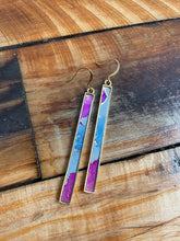 Load image into Gallery viewer, Alcohol Ink Earrings | 3&quot; Antiqued Gold Rectangle | Sky Blue, Purple | Handmade
