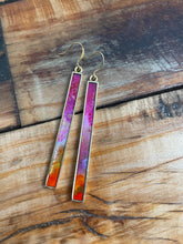 Load image into Gallery viewer, Alcohol Ink Earrings | 3&quot; Antiqued Gold Rectangle | Hot Pink, Orange, Gold | Handmade
