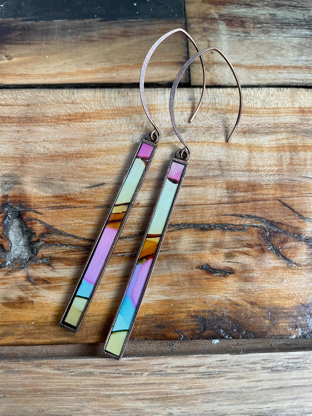 Alcohol Ink Earrings | 3.75” Antiqued Copper Rectangle | Sky Blue, Pink, Orange, Yellow | Handmade