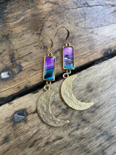 Load image into Gallery viewer, Alcohol Ink Earrings | 2.25” Antiqued Gold Rectangle | Purple, Blue Moon Charm | Handmade
