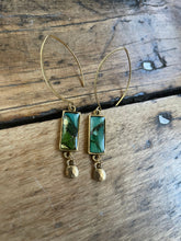 Load image into Gallery viewer, Alcohol Ink Earrings | 2” Antiqued Gold Rectangle | Gorgeous Greens with Gold Mini Charm | Handmade
