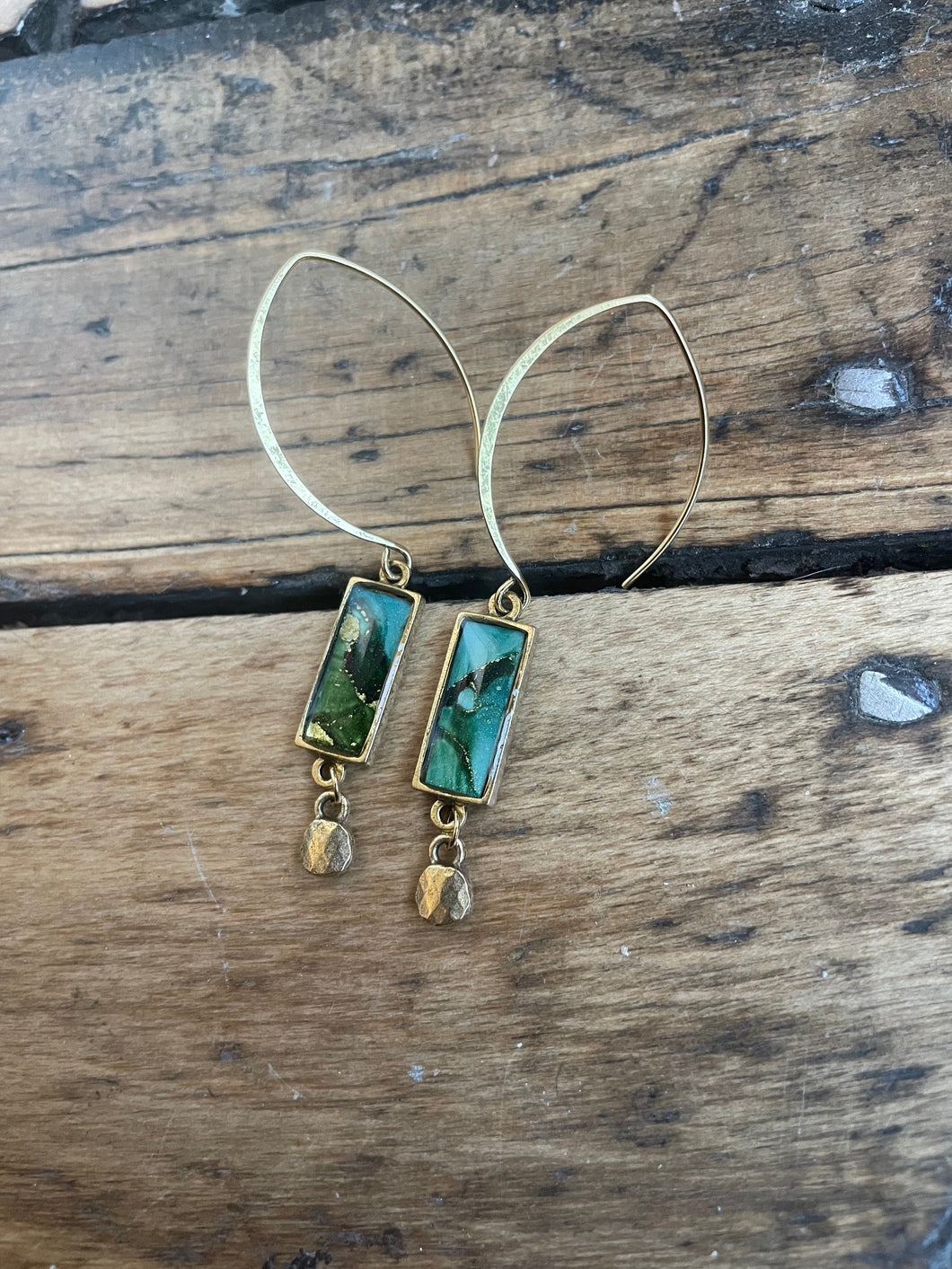 Alcohol Ink Earrings | 2” Antiqued Gold Rectangle | Gorgeous Greens with Gold Mini Charm | Handmade