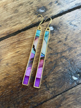 Load image into Gallery viewer, Alcohol Ink Earrings | 3&quot; Antiqued Gold Rectangle | Purple, Green, Light Pink | Handmade
