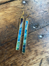 Load image into Gallery viewer, Alcohol Ink Earrings | 3&quot; Antiqued Gold Rectangle | Blue, Green | Handmade
