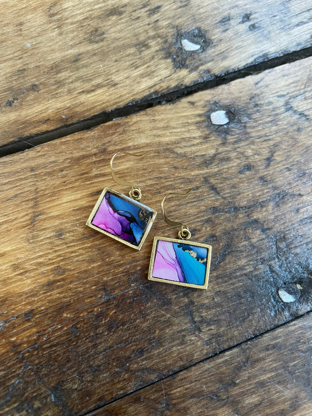 Alcohol Ink Earrings | 1” Antiqued Gold Rectangle | Blue, Pink | Handmade