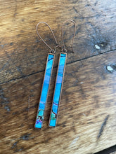 Load image into Gallery viewer, Alcohol Ink Earrings | 3&quot; Antiqued Copper Rectangle | Blue, Purple, Hints of Green | Handmade
