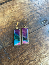 Load image into Gallery viewer, Alcohol Ink Earrings | 2” Antiqued Gold Rectangle | Purple, Pink, Blue | Handmade
