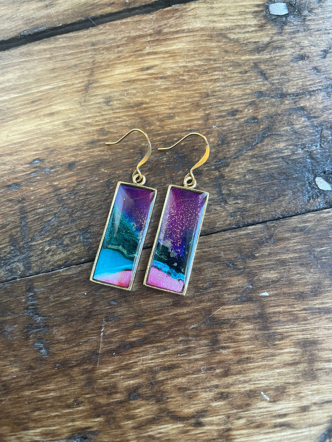 Alcohol Ink Earrings | 2” Antiqued Gold Rectangle | Purple, Pink, Blue | Handmade