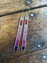 Load image into Gallery viewer, Alcohol Ink Earrings | 3&quot; Silver Rectangle | Pink, Red, hint of blue &amp; purple| Handmade
