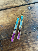 Load image into Gallery viewer, Alcohol Ink Earrings | 3&quot; Antiqued Gold Rectangle |  Blue, Purple | Handmade
