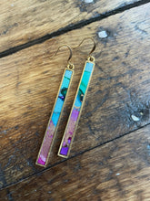 Load image into Gallery viewer, Alcohol Ink Earrings | 3&quot; Antiqued Gold Rectangle | Turquoise, Purple, Hints of Green| Handmade
