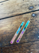 Load image into Gallery viewer, Alcohol Ink Earrings | 3&quot; Antiqued Gold Rectangle | Turquoise, Purple, Hints of Green| Handmade
