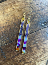 Load image into Gallery viewer, Alcohol Ink Earrings | 3&quot; Antiqued Gold Rectangle | Purple, Sky Blue, Yellow | Handmade
