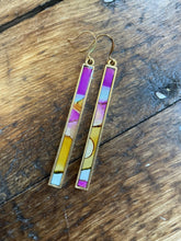 Load image into Gallery viewer, Alcohol Ink Earrings | 3&quot; Antiqued Gold Rectangle | Purple, Sky Blue, Yellow | Handmade
