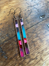 Load image into Gallery viewer, Alcohol Ink Earrings | 3&quot; Antiqued Copper Rectangle | Turquoise, Pink, Purple| Handmade
