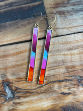 Load image into Gallery viewer, Alcohol Ink Earrings | 3&quot; Antiqued Gold Rectangle | Purples, Orange, Sky Blue, Pink | Handmade
