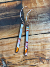 Load image into Gallery viewer, Alcohol Ink Earrings | 3.75” Antiqued Copper Rectangle | Earthy Sky Blue, Orange, Pink | Handmade
