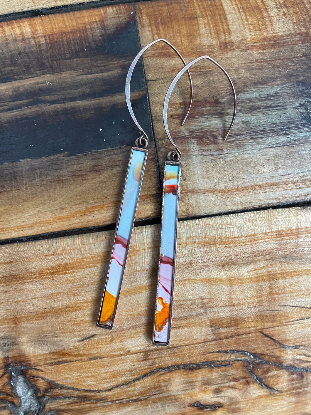 Alcohol Ink Earrings | 3.75” Antiqued Copper Rectangle | Earthy Sky Blue, Orange, Pink | Handmade
