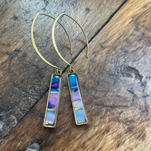 Load image into Gallery viewer, Alcohol Ink Earrings | 2.5&quot; Antiqued Gold Rectangle | Blue, purple, gold | Handmade
