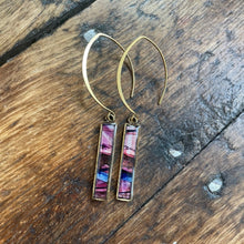 Load image into Gallery viewer, Alcohol Ink Earrings | 2.5&quot; Antiqued Gold Rectangle | Pink, blue, purple, gold | Handmade
