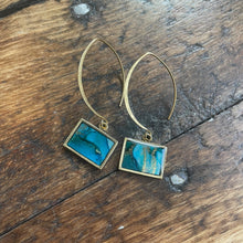 Load image into Gallery viewer, Alcohol Ink Earrings | 1.75&quot; Antiqued Gold Rectangle | Blue, green, gold | Handmade
