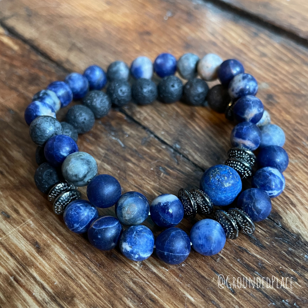 Diffuser Bracelet | 100% Natural Black Lava Stone, Lapis & Orange Sodalite | Handmade 7